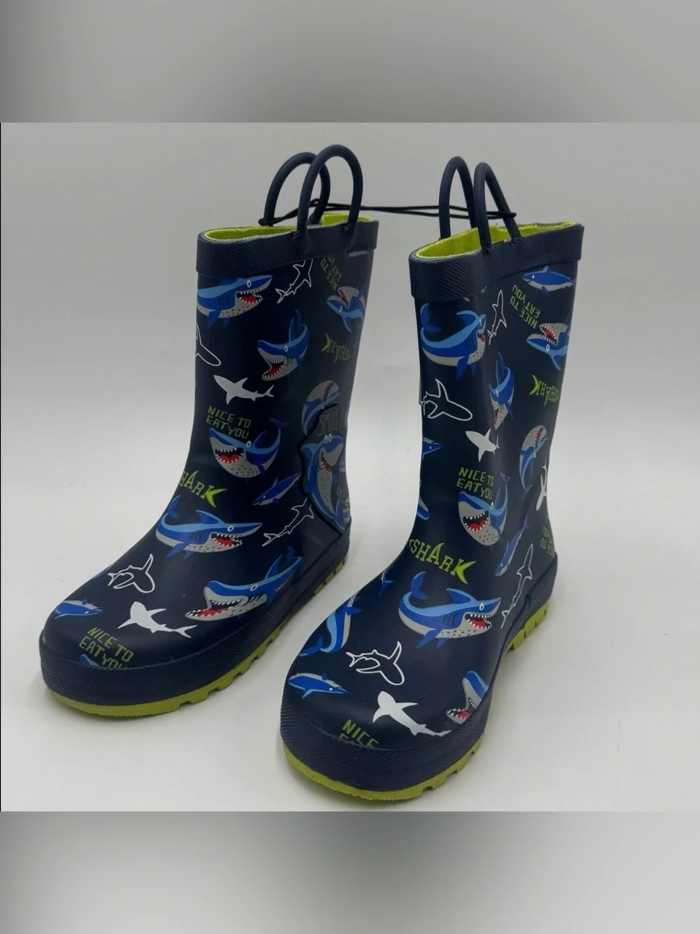 KomfortMe Kids Rain Boots Shark Print Navy Blue Toddler Size 6 & Youth Size 12
